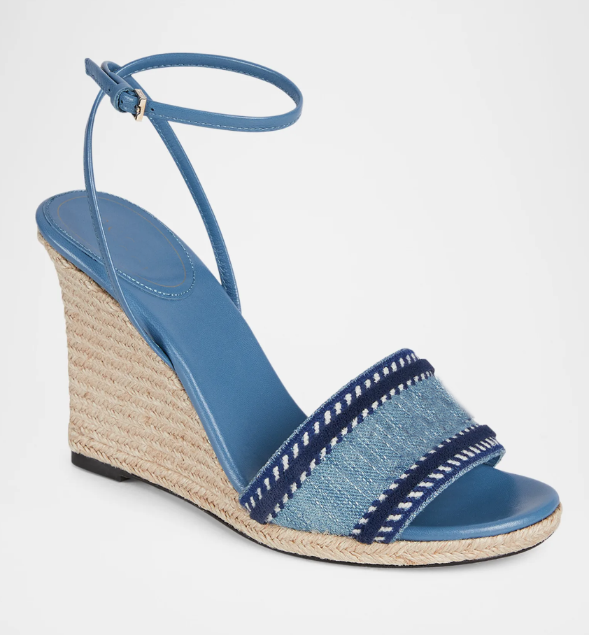 Femmes Sandales High Talons INES INES Denim appliquée et cuir Espadrille coin Sandale Sangle de gueule