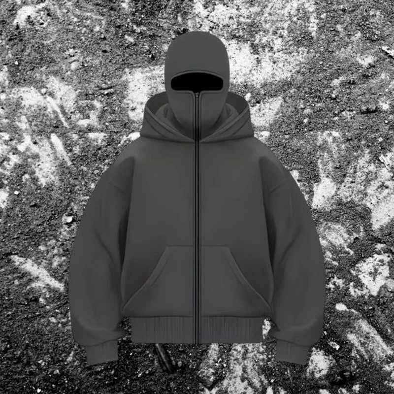 Balaclava Fashion Personality Hoodie Men Solid Color Double Layer Hooded Pullover Sweatshirt Y2k Retro Hip Hop Winter Streetwear Z250529