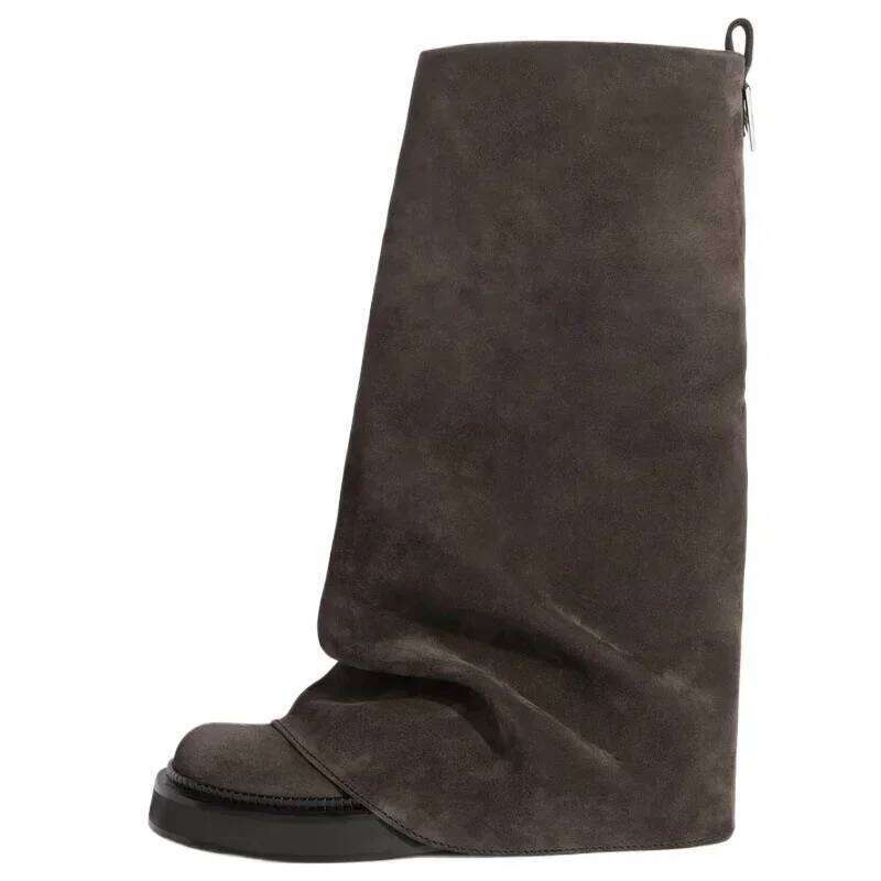 Bottes au genou en cuir épais pour femmes, bout carré, coupe ample, chaussures décontractées de printemps-automne avec pantalon plissé, Z260323