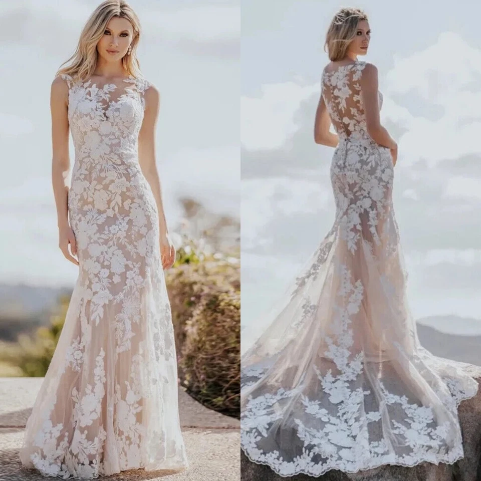 Elegant Mermaid Wedding Dresses Sleeveless Champagne Tulle White Lace Appliques Boho Beach Bridal Gowns Illusion Back