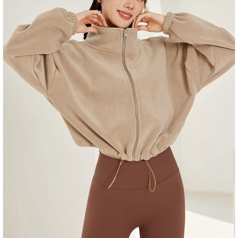 Designer Jacket Yoga Cropped Jacket Cropped Plush Sweater Womens Mock Neck Loose Full Zipper Jogger Sweatshirts Thickened and Warm Short Coats-image-936869565