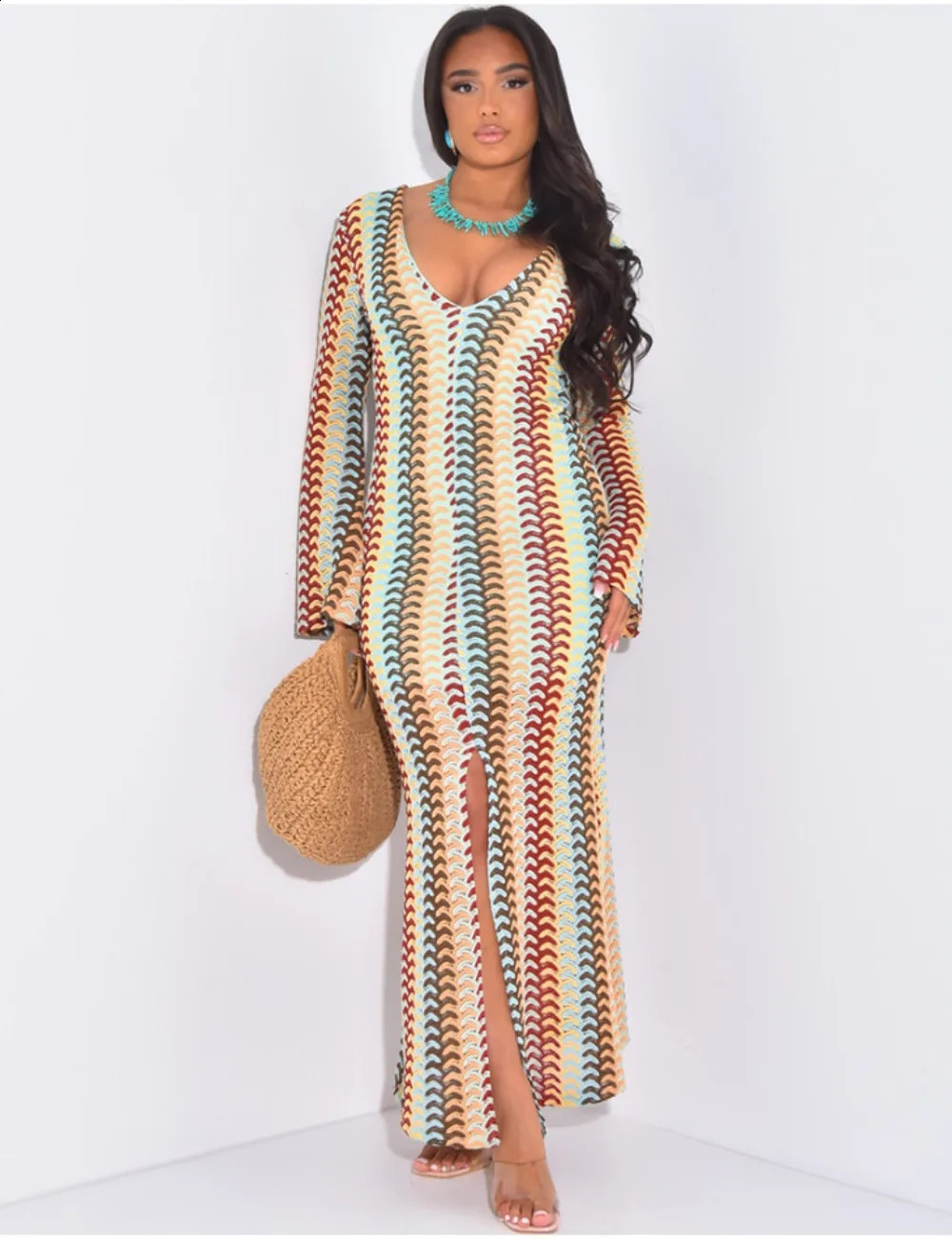 Spring Summer Fashion Striped Knitted Dress Women Sexy V-neck Flared Long Sleeved Slit Long Skirt Vacation Slim Dress Women 250528
