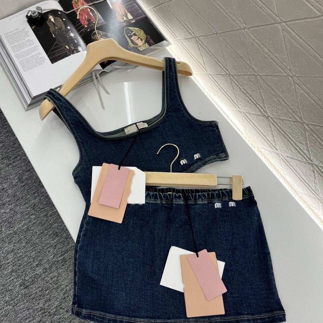 Women new summer denim jeans logo letter embroidery crop top tank top and mini short skirt twinset 2 pc dress set SML