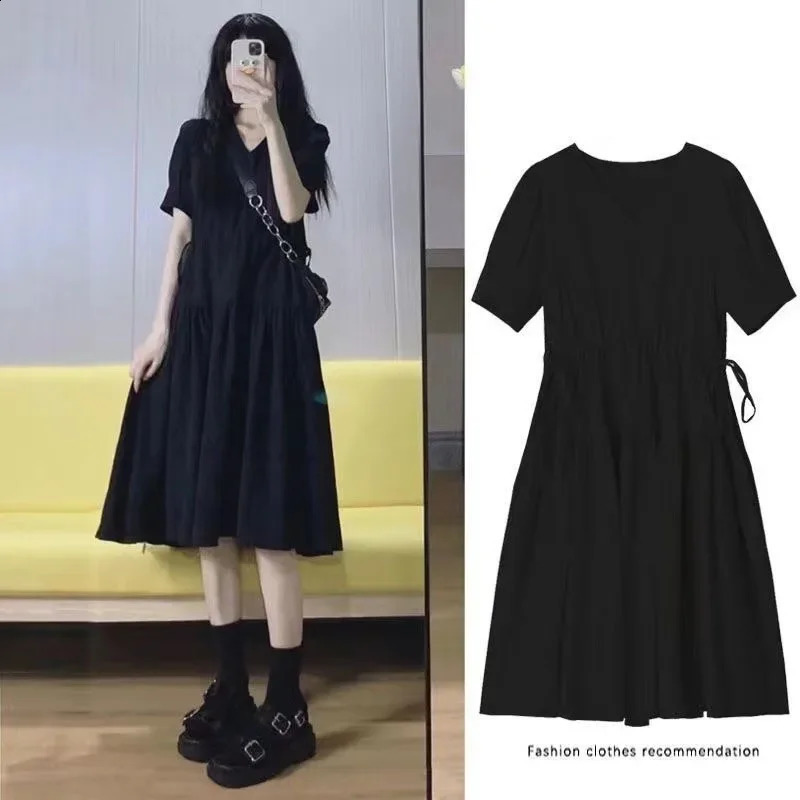 Elegant Loose-fit Long Dress For Pregnant Women Summer Trendy Black Maternity Dress V-neck Slimming Effective Weight Loss M260226-image-1095549488