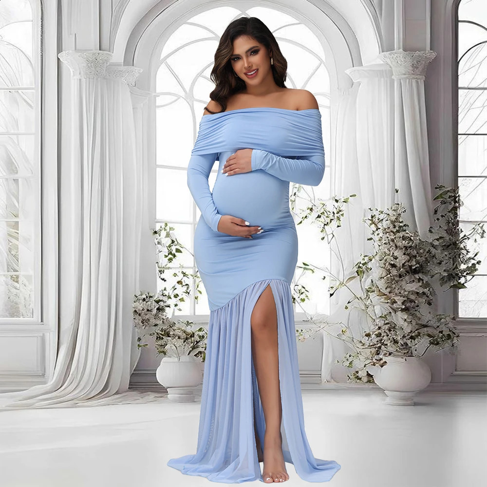 Maternity Dresses Poshoot Off-Shoulder Slits Fishtail Hem Baby Shower Clothes For Pregnant Woman Evening Party Elegant Gown M260226-image-1095548186