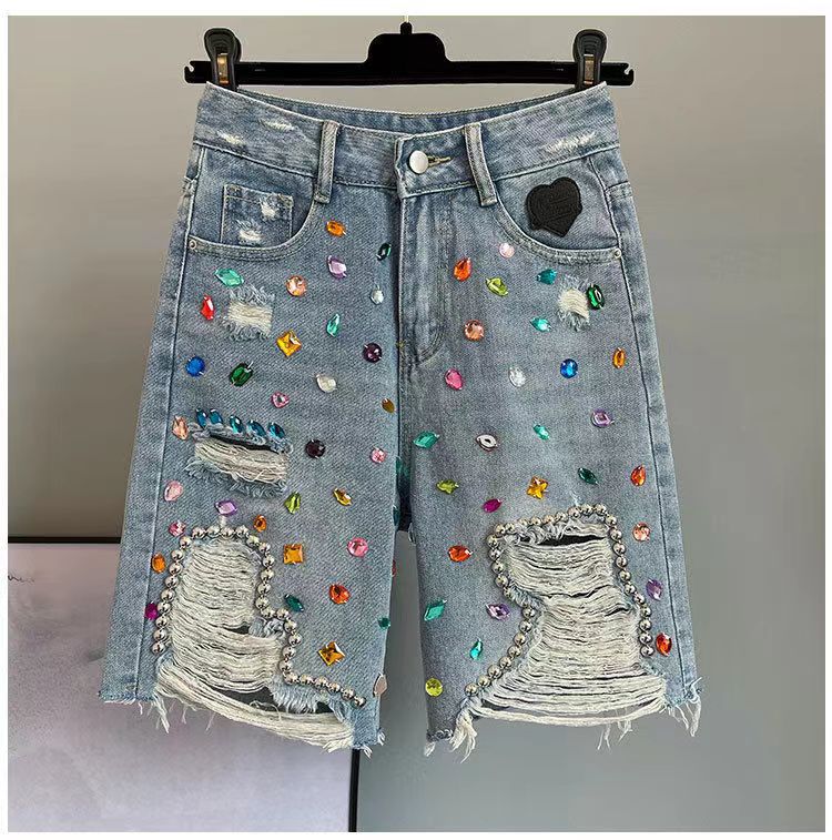Summer Colorful Diamond Ripped Denim Shorts For Women High Wasit Blue Jean Short Streetwear Half Jeans