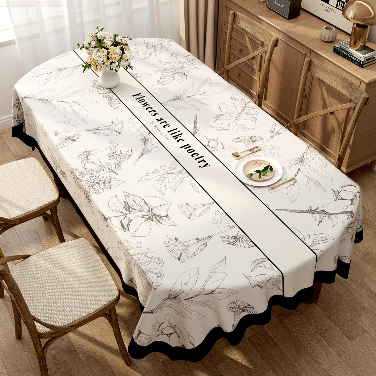 French Oil-proof Wash-free Anti-scalding Dining Table Cloth High-grade Oval Tablecloth Waterproof and Coffee Table Cover Cloth-image-1105724466