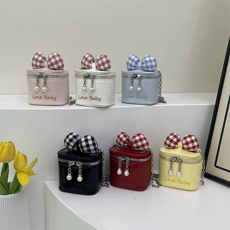 Children letter embroidery handbags INS girls plaid Bow one shoulder box bags kids PU leather crossbody princess bag S3959