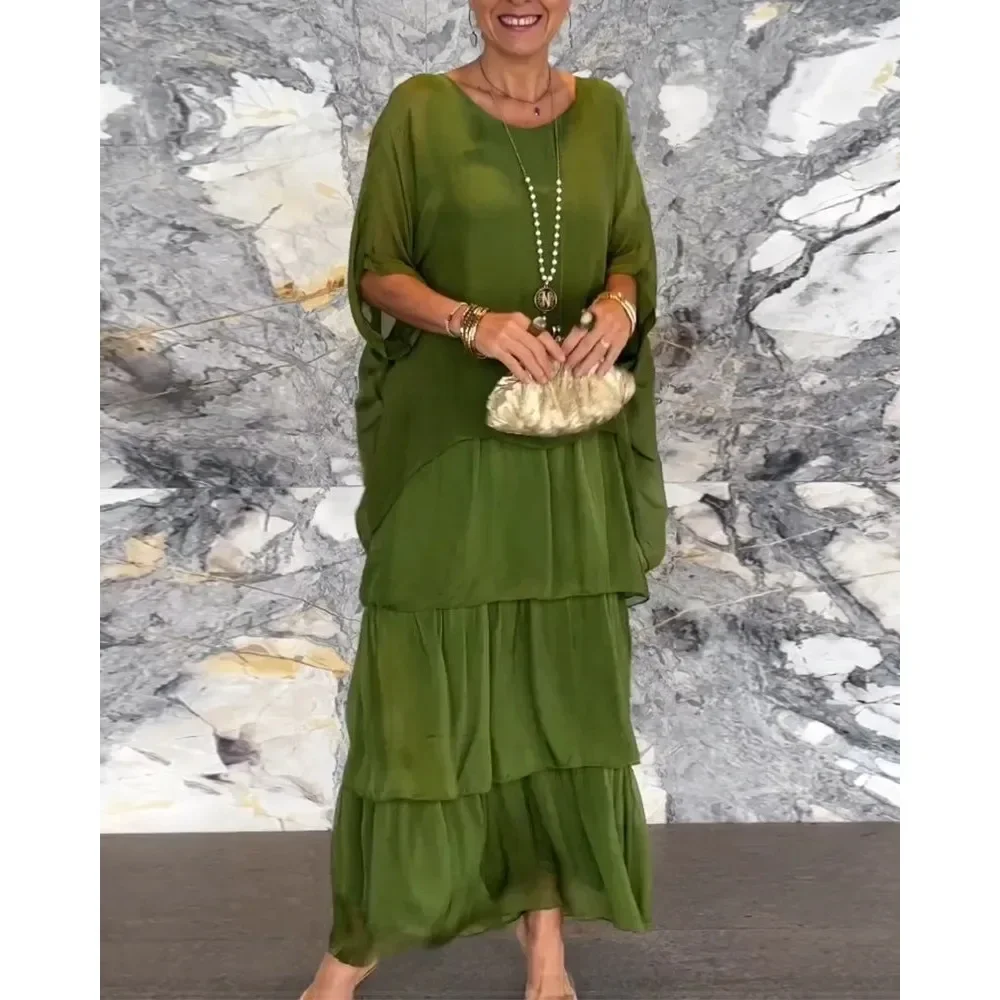 Femelle élégante à imprimé floral mousseline de mousseline boho longue robe printemps ronde couche femme robe robe mi-chauve manche gâteau