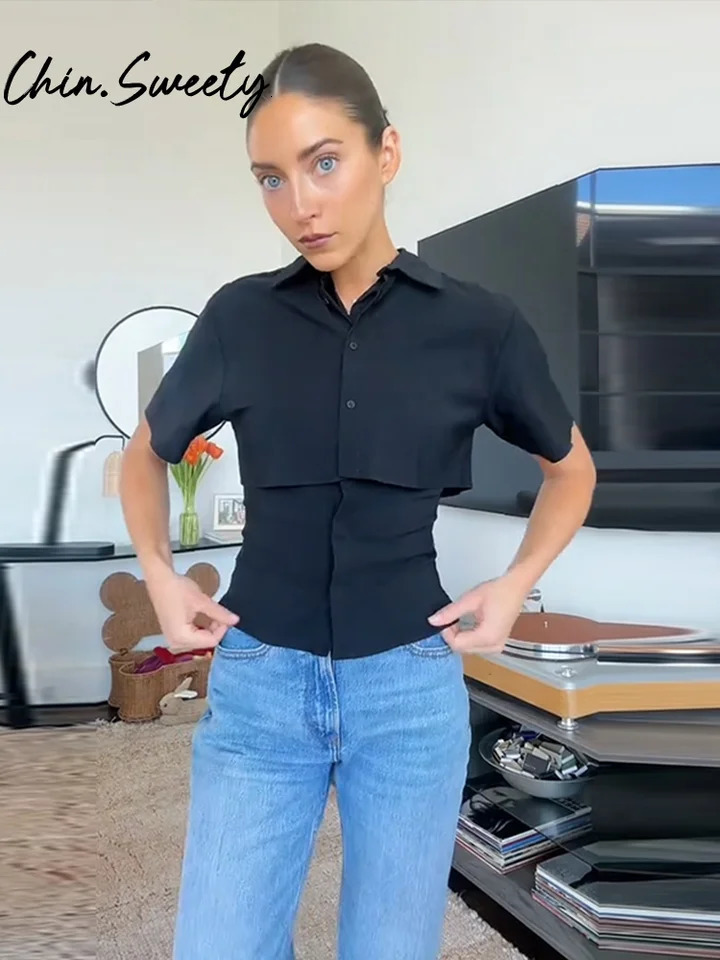 Black Patchwork Women Shirt Elegant Lapel Single Breasted Short Sleeve Female Shirts 2025 Spring Summer Vintage Lady Blouse 250521Z