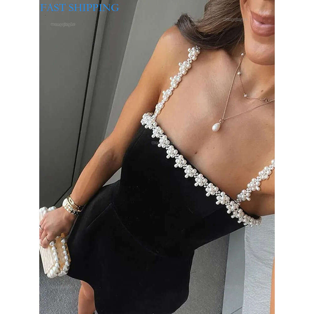 Sandro Designer Brand Pearl Veet Mini Slip Dress Black Halter Sexy Slim Fit Waist Cinched Socialite Party Evening Gown Women Short Aline Dresses 1B5