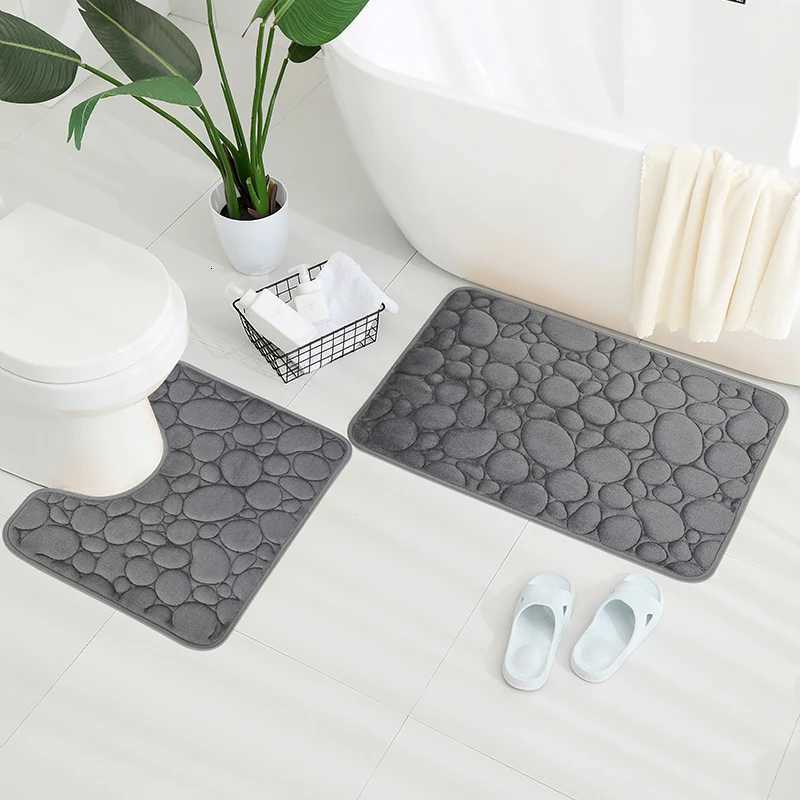 Embroidered Pebble Coral Velvet Floor Mat Bathroom Carpet Bathroom U-shaped Sponge Absorbent Foot Mat Door Mat Two-piece Set M251201-image-1086782154