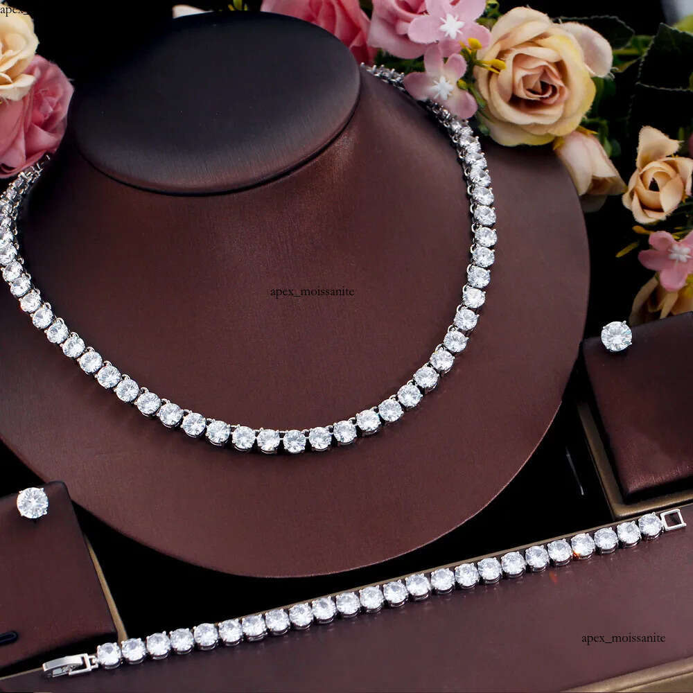 2024 Top Sell Wedding Sets Luxury Jewelry 18K Gold Fill Round Cut White 5A Cubic Zircon CZ Diamond Stud Earring Tennis Bracelet Women Necklace Gift