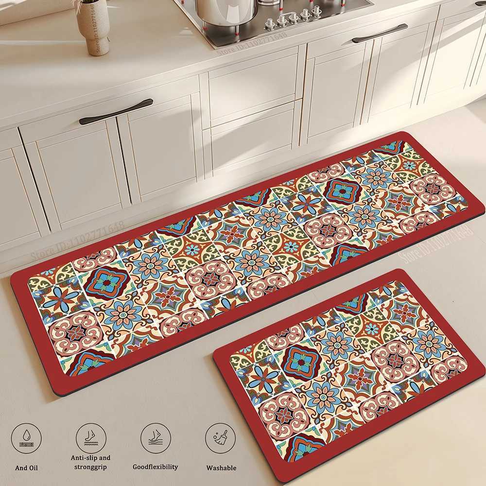 Non-Slip Kitchen Carpet Retro Style Colorful Pattern Entrance Doormat Bedside Bedroom Mat Large Coverage Absorbent Durable Rug M251201