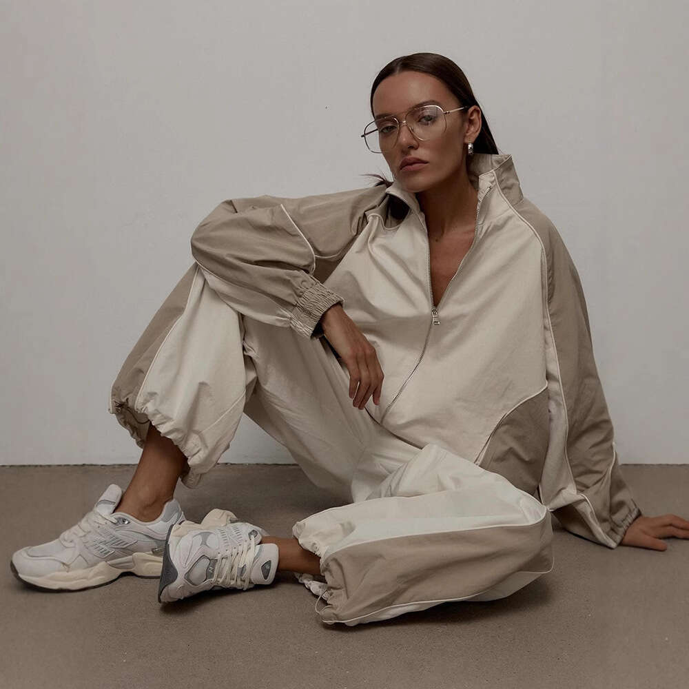 Nouveau décontracté femmes mode couleur bloc cordon veste de sport pantalon européen et américain deux pièces ensemble de luxe concepteur