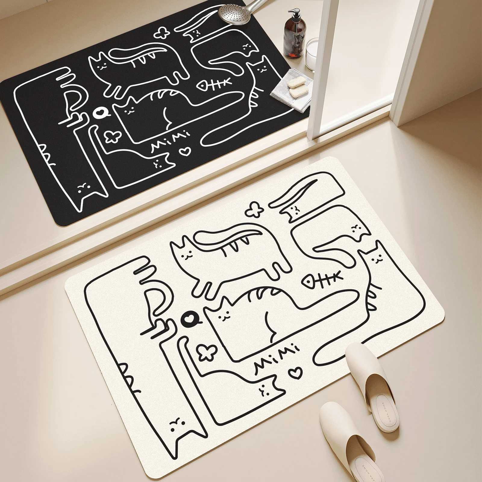 Rubber bathroom anti-slip floor mat water-absorbing and quick-drying floor mat black and white cat printed floor mat M251201-image-1086783694