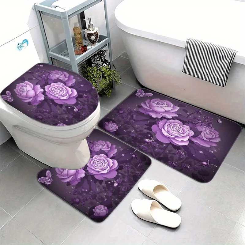 3pcs Luxury Purple Rose Bathroom Set with Toilet Seat Cover U-Shaped Mat Non-Slip Rug - Plush Soft Floor Mats in Elegant Lave M251201-image-1086782328