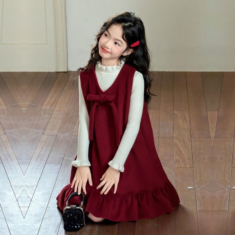 D818 Girls&#039; dress with bow tie set, autumn and winter 2025 new style, children&#039;s winter clothing, girls&#039; vest two-piece set-image-1086711175