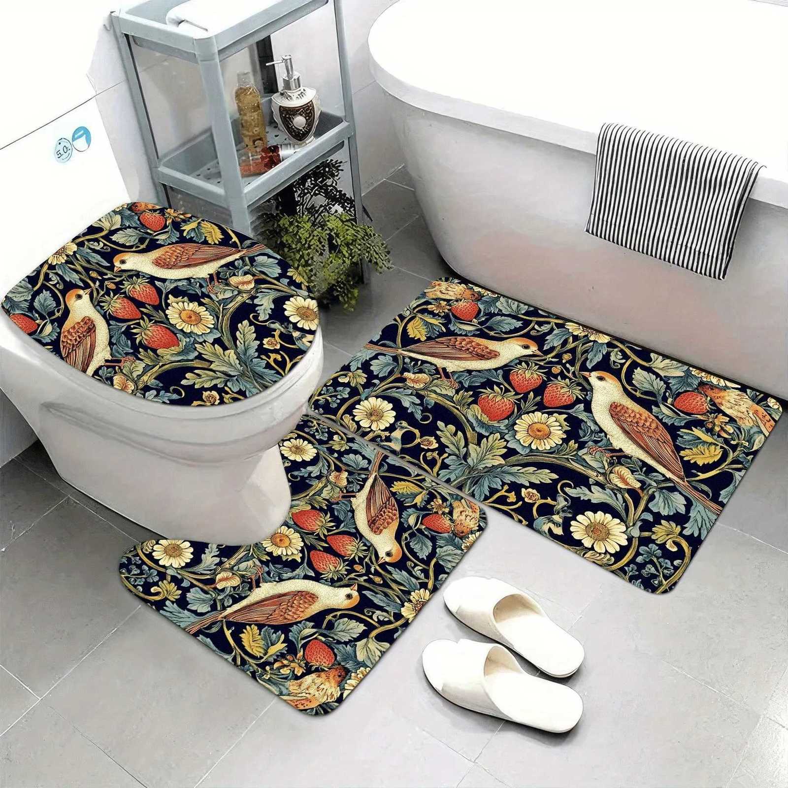 3pcs Super Soft Bathroom Floor Mats Set Absorbent with Non-slip Backing William Morris Strawberry Thief Design Printed Oblon M251201-image-1086782682