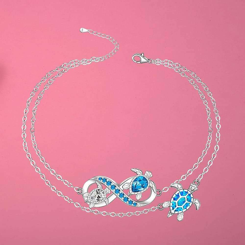 Beaded Bracelet Anklet Blue Opal Sea Turtle Ankle Bracelets For Women Sterling Silver stretch Infinity Wave Ocean Beach Summer Foot Bracelet Jewelry