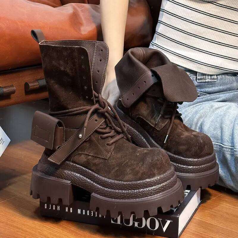 Suede Leather Old Big Head Cowboy Boot Retro Height Increase Motorcycle Middle Tube Knight Boots Outdoors Work Women Shoes