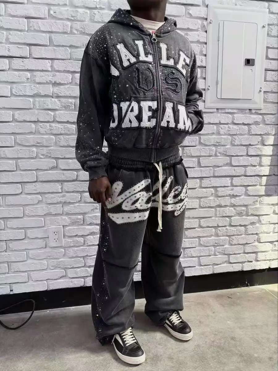 Y2K American Gothic Punk Sportswear Two Piece Set Unisex Hip Hop Rock Patch Print Loose Zip Hoodie Fashion Casual Sweatpants 251129