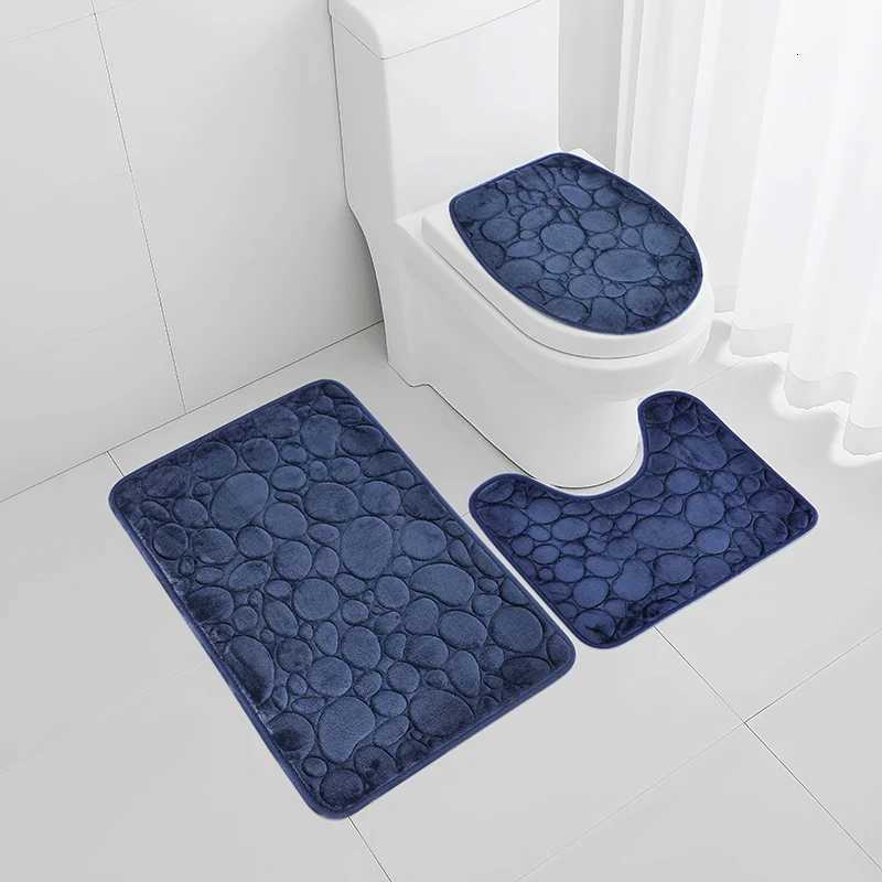 1 Set of Solid Color Simple Bathroom Water-absorbing and Non-slip Floor Mat Stone Pattern Comfortable and Soft Three-piece Set M251201-image-1086783366