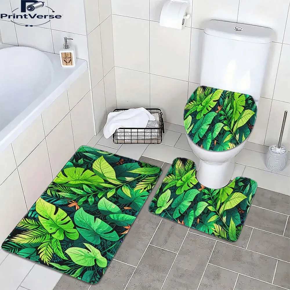 3pcs Tropical Monstera Leaf Bathroom Set - Plush Non-Slip U-Shaped Toilet Mat Lid Cover Green Golden Jungle Decor Soft fo M251201-image-1086782798