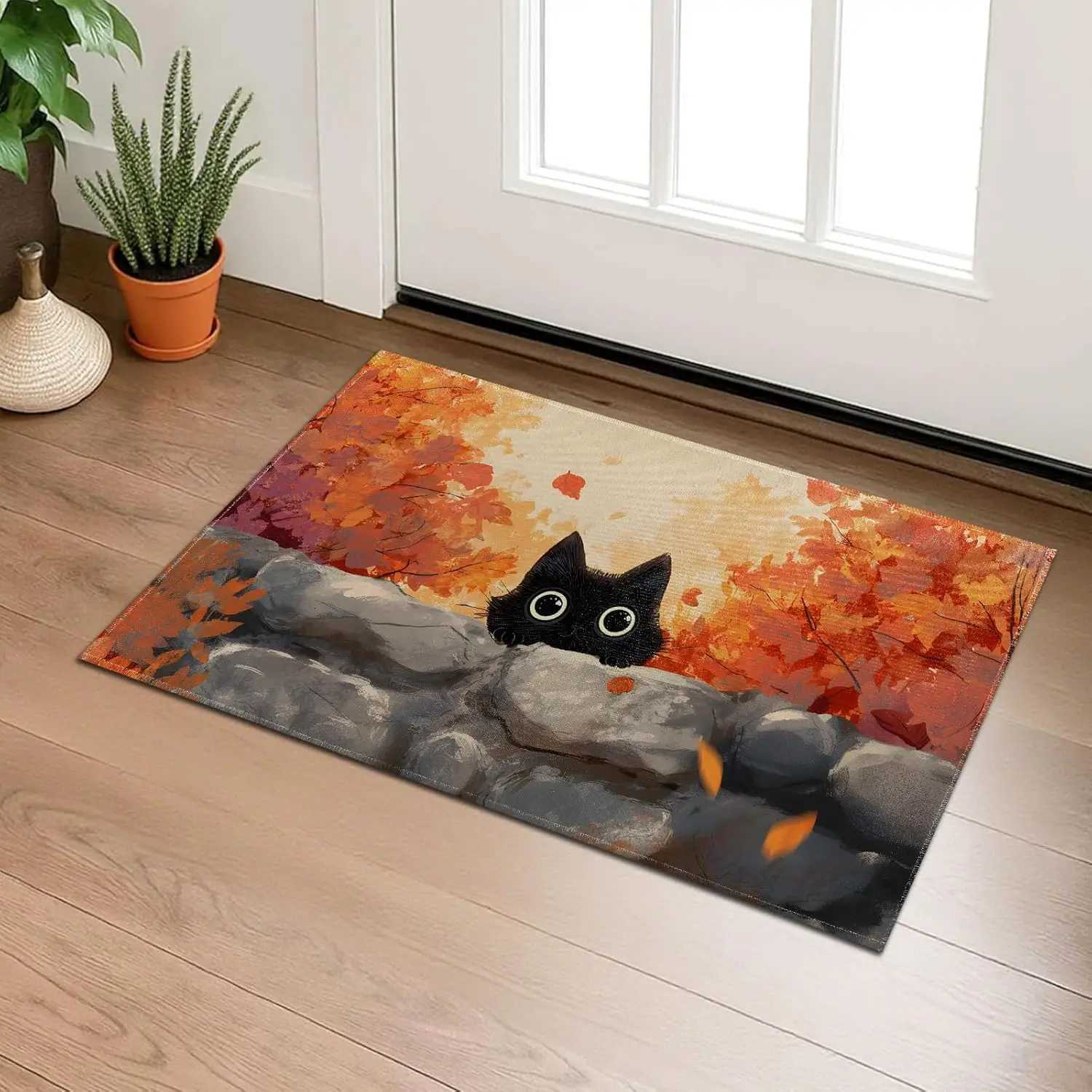 Paillasson d'intérieur en forme de chat noir d'automne, non tissé, mignon, chaton aux grands yeux, tapis de sol antidérapant, pour porte d'entrée