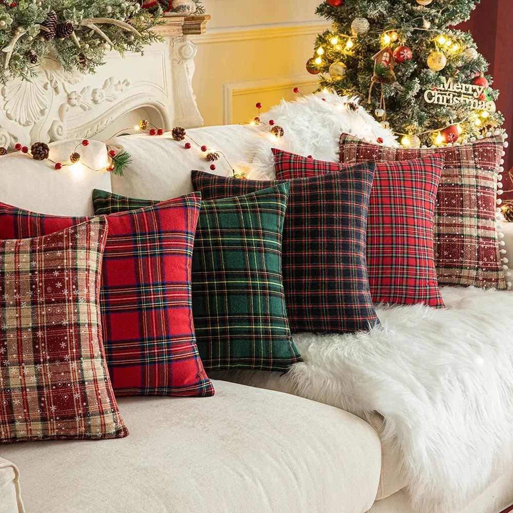 He Christmas Decor Plaid Cushion Covers Red Checkered Polter Cotton Xmas Ornament Snowflake Throw lowcase Decorative H251201 M260228-image-1095800016