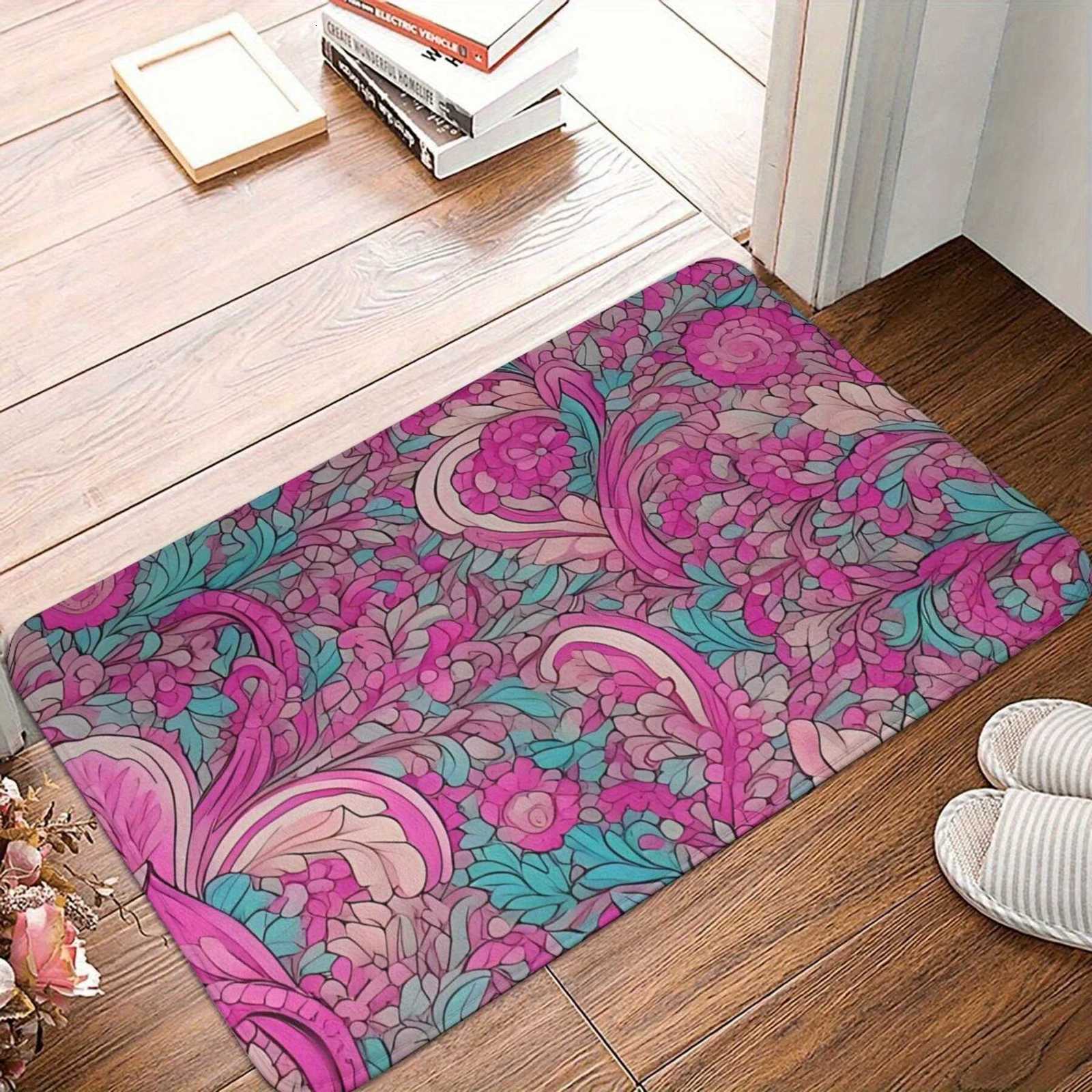 Tapis de bain en verre coloré en forme de fleur abstraite, rose et turquoise, motif moderne, antidérapant, lavable en machine, rectangulaire, M25