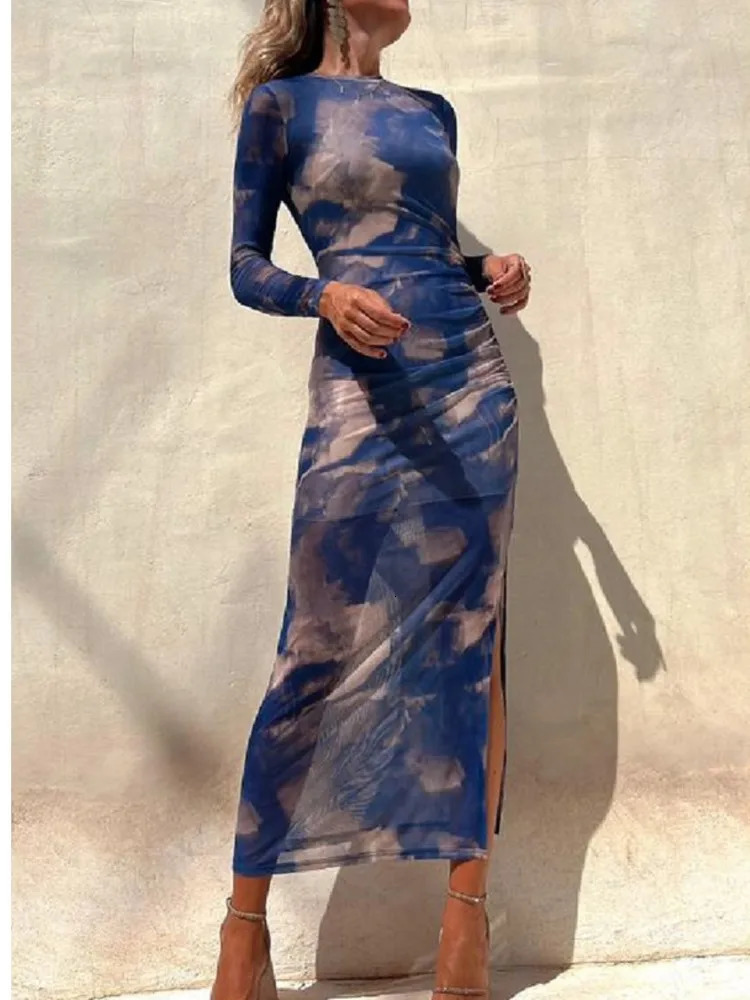 Autumn Mesh Sexy Printed For Womens Long Sleeved Dresses Simple Lace Fashion Slim Stretch Female Party Nightclub Dress 251129
