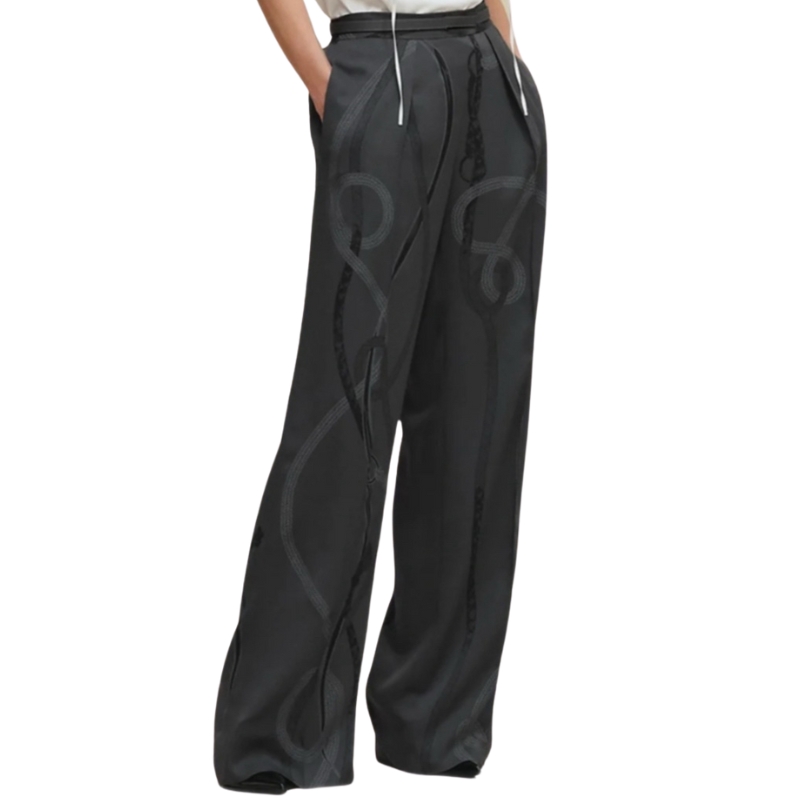 Fashion Womens 100% Silk Design Pants Geometric Chain Pattern Long Pants Mid Waist Trousers New Girls Vintage High End Runway Casual Long Straight T