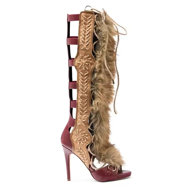 Fur Peep Toe Cross Tied Platform Sandal Boots Sexy Round Toe Thin Heel Zippeer Women Modern Boots Faux Fur Sandals Open Toe Stiletto Spring Summer R