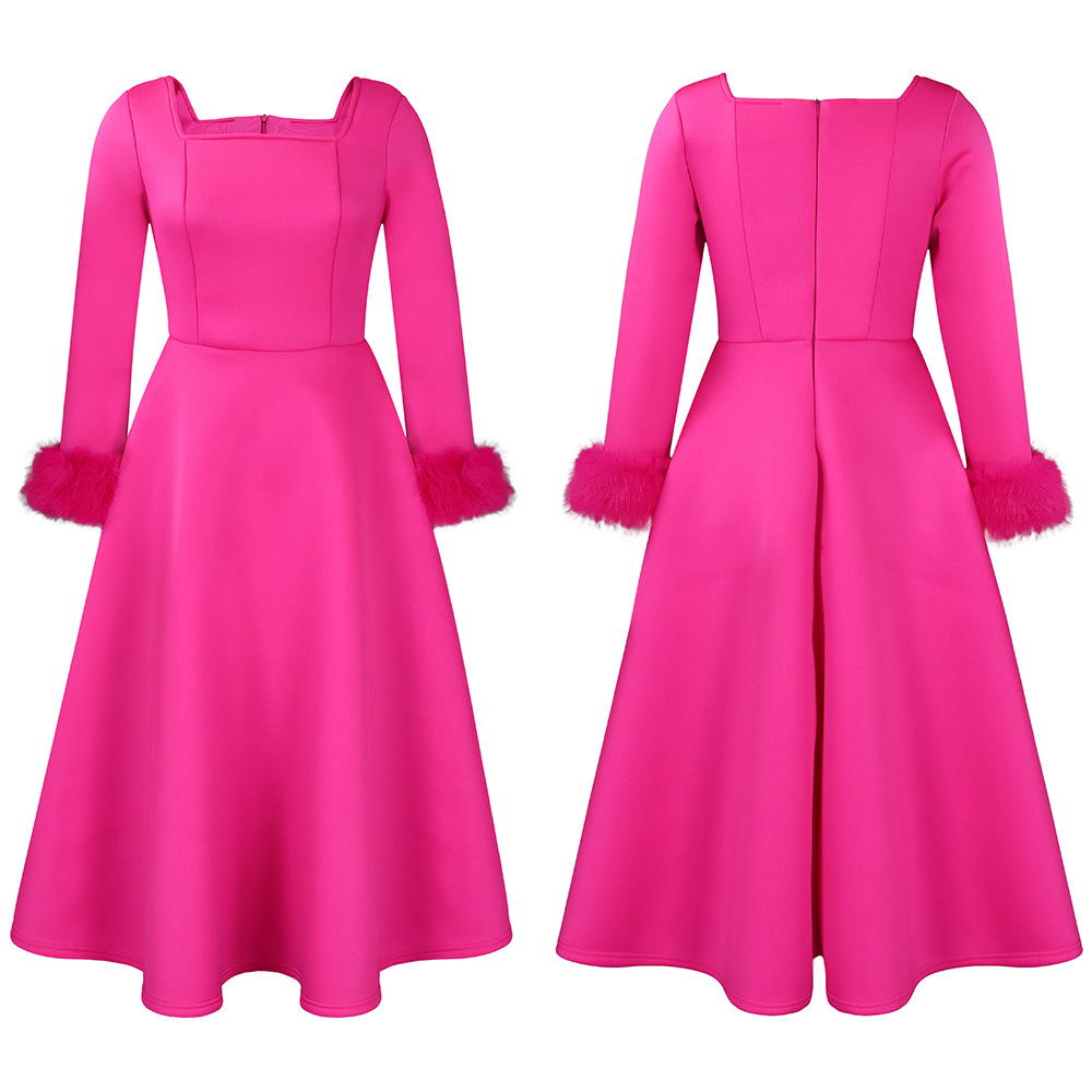 (569) Robe d'hiver élégante à jupe longue avec décoration en fourrure