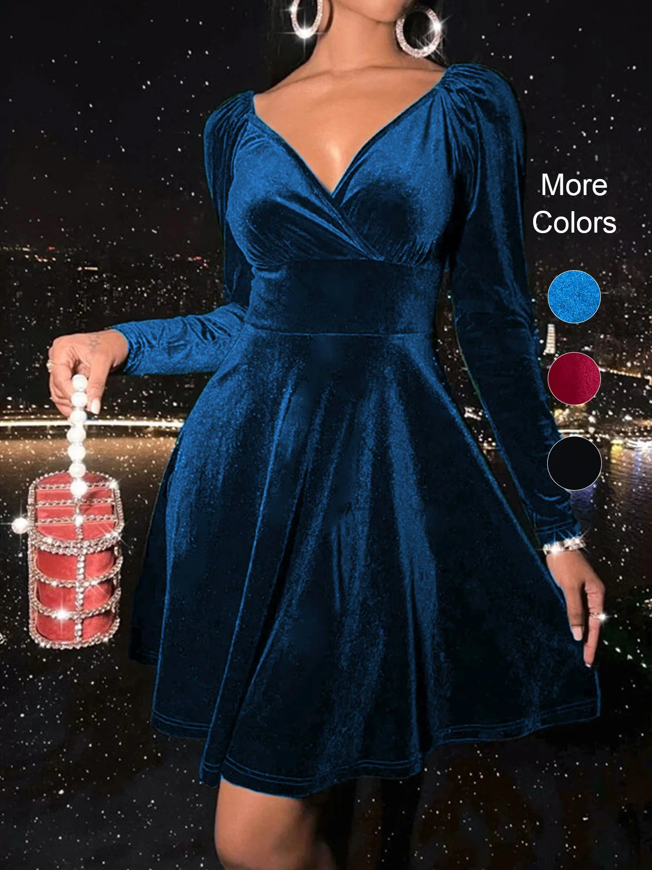 Abito corto da donna in velluto con scollo a V, elegante manica lunga per abiti da festa, club, autunno inverno 251129
