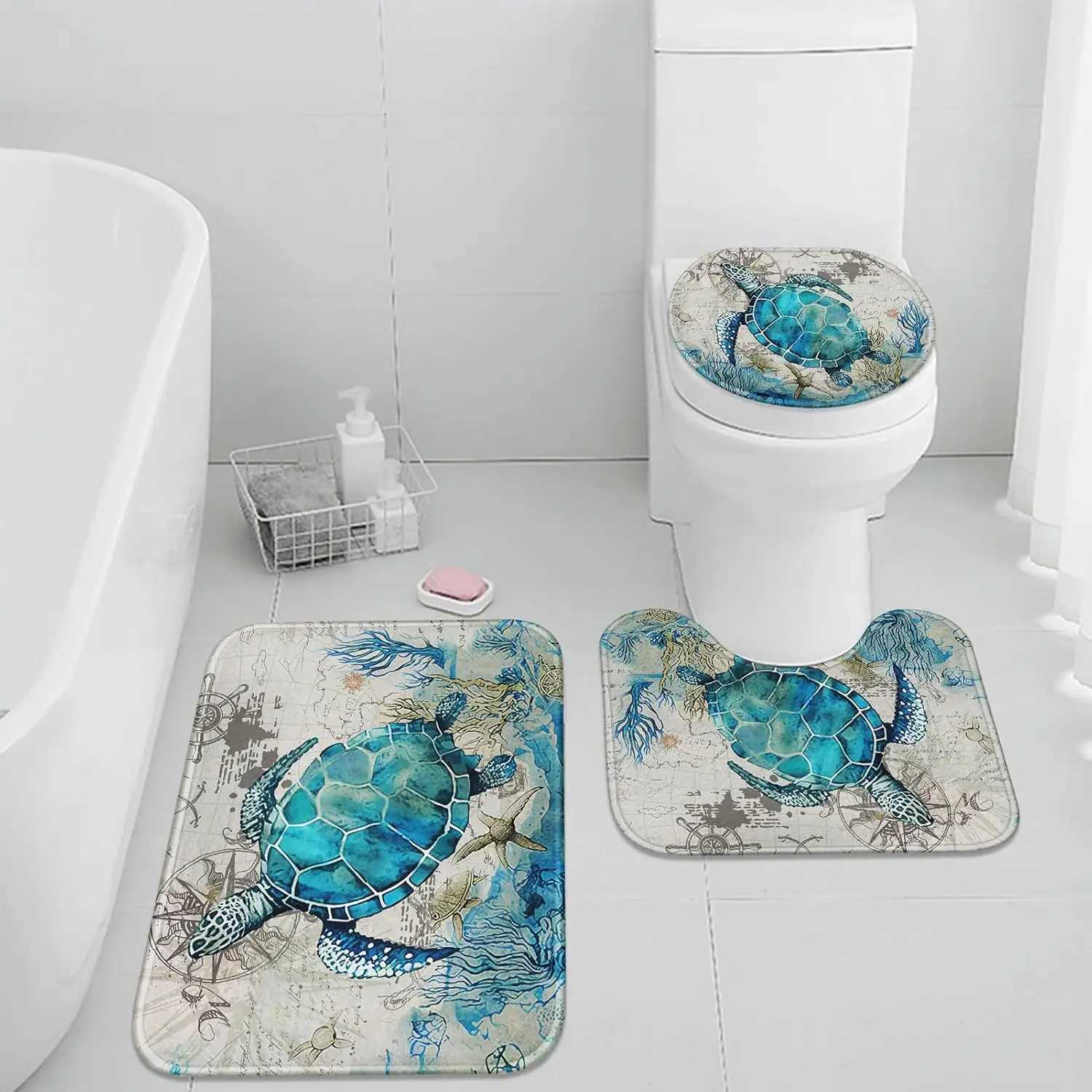 3PCS Blue Turtle Bath Mat Set Ocean Starfish Nautical Print Washable Non-Slip Absorbent Multi-Room Floor Decor Set M251201-image-1086781898