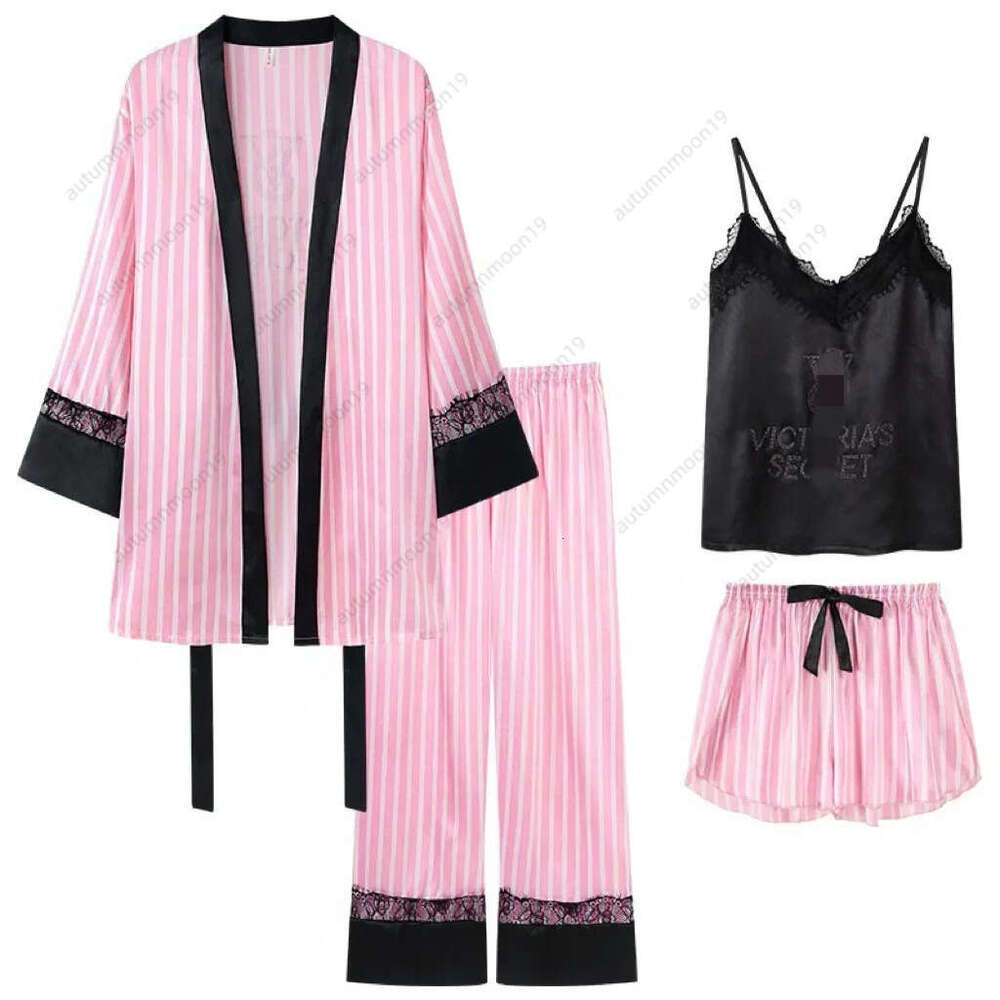 Victoriasecret Pijama Femme Vêtements De Nuit Floral Dentelle Garniture Satin Pyjamas Ensemble Avec Robe Sexy Fausse Soie Pijamas Robe Ensembles