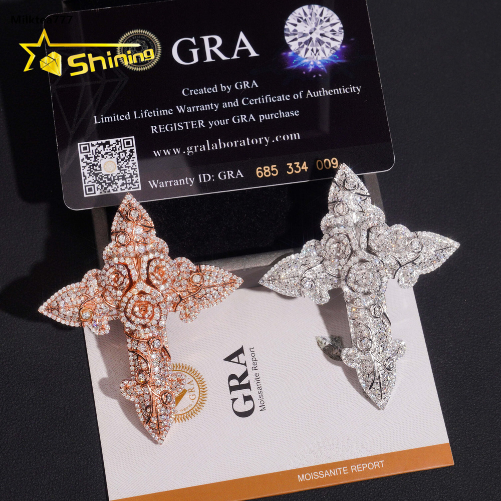 Hip Hop Rose Croix Moissanite Pendentif 925 Sterling Argent Plaqué Or Moissanite Pendentif Glacé Diamant Charme Pendentif