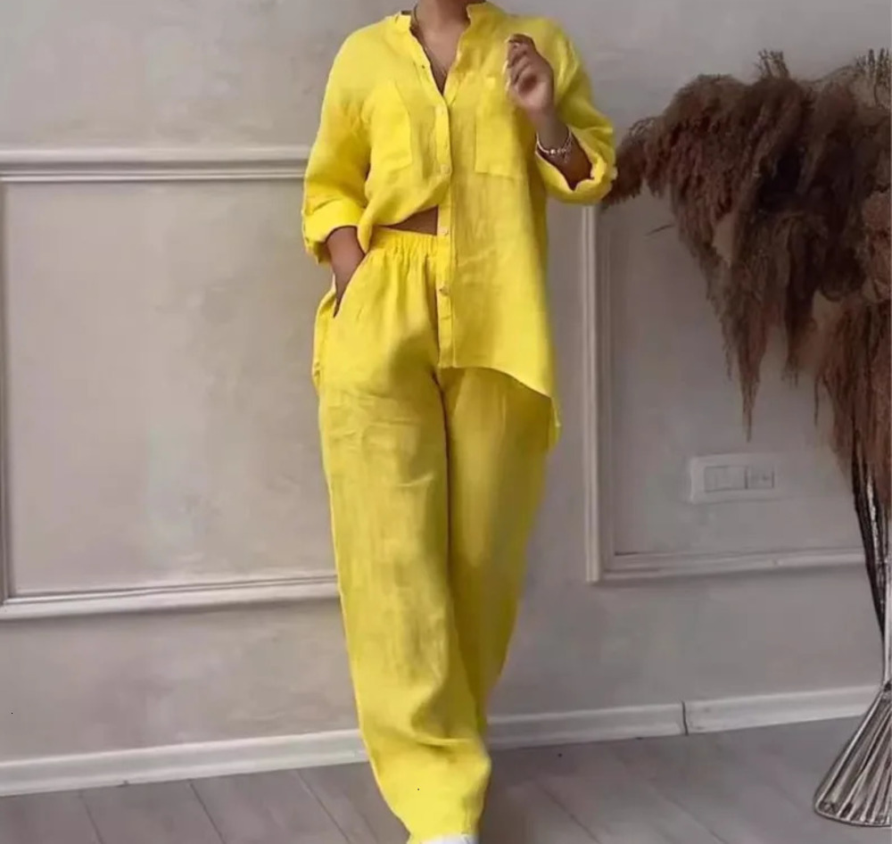 Casual Woman Spring And Autumn Cotton Linen Yellow V-neck Long Sleeved Button Up Shirt Fashionable Drawstring Pants 2-piece Set 250805