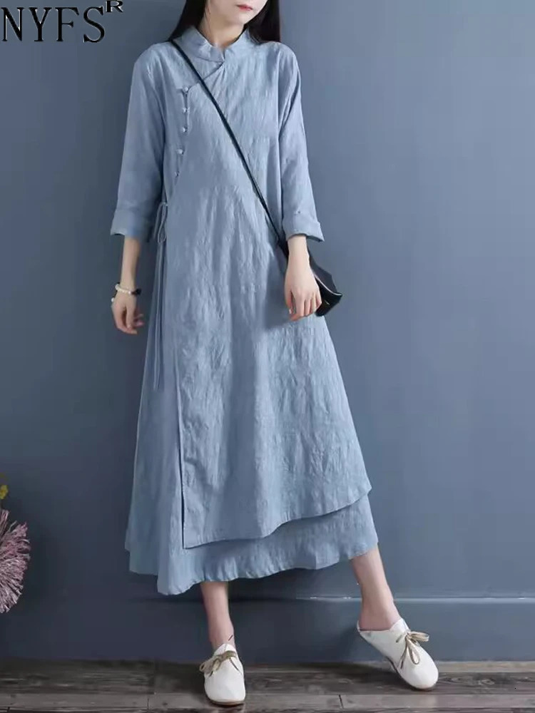 NYFS 2025 Spring Autumn Womens Dresses Vestidos Robe Elbise Loose Plus Size Cotton Linen Double Layer Long Dress 251129