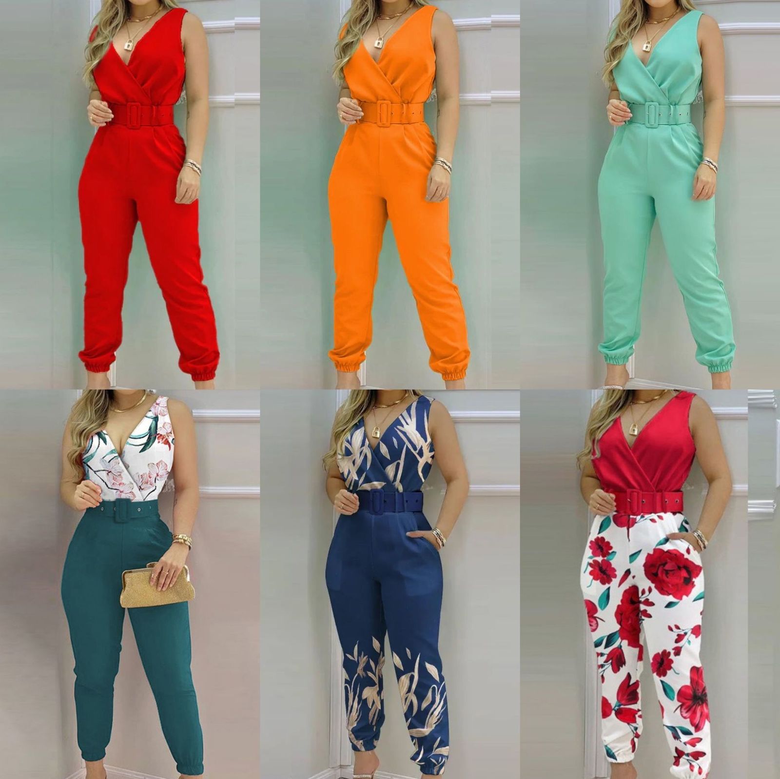 Women Fashion Elegant Sleeveless Partywear Jumpsuits Formal Office Lady WorkWear Casual V Neck Belted Jumpsuit 210716-image-714892104