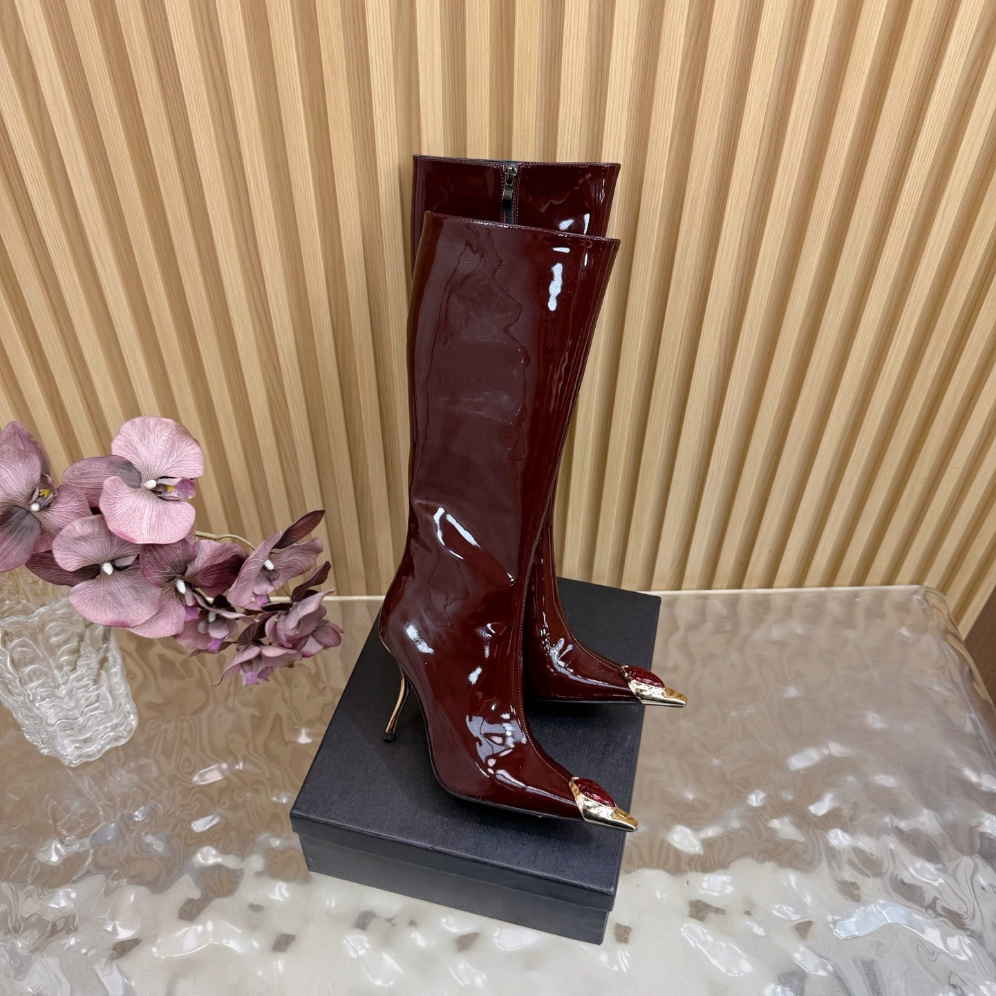 Patent Leather Knee Boots Luxury designer women pointed toe Stiletto heel long boot Fashion zip fall winter boot Ladies evening shoes Leather Sole F