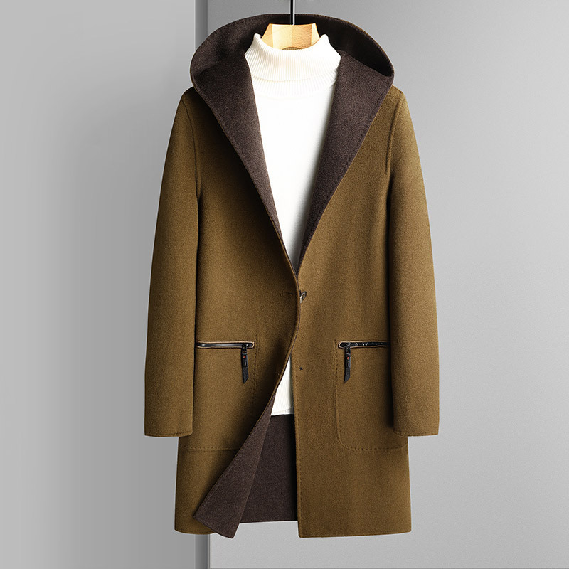 Mens Trench Coat 2024 Autumn Winter Double-Sided Wool Coat for Young and Middle-Aged Men with Hood Reversible Casual Woolen Jacket Trendy 240823