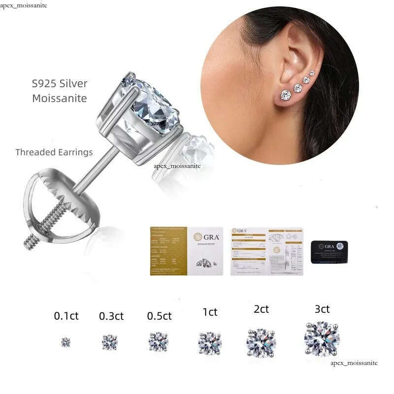 Pass Diamond Tester Vvs1 D Color Moissanite Designer For Women Solid 925 Sterling Silver 4 Prong Stud Earrings Gold Plated Screw Back Mens Jewelry W