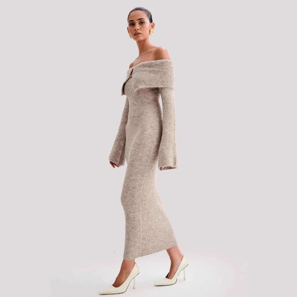 Robe longue tricotée pour femmes, Style élégant, à la mode, revers, épaules dénudées, robe de styliste, nouvelle collection