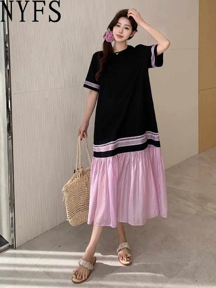NYFS 2025 Summer Dress Loose plus Size Black Patchwork Pink Hem Long Dresses Robe Elbise Short Sleeve Korean Style Woman 251129