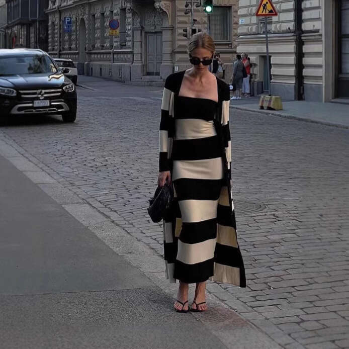 Printemps été nouvelle mode Sexy coupe ajustée sans bretelles rayé longue robe pour robe de créateur étranger