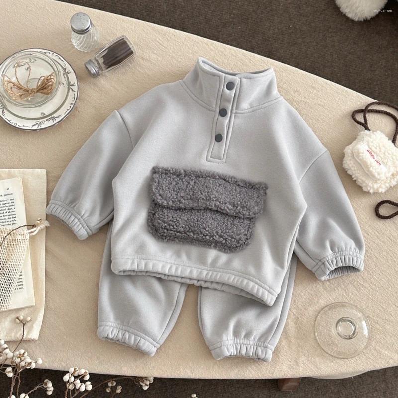 Clothing Sets 1-3 Years Old Baby Boy Thicken Warm Plush High Neck Pocket Solid Suits Autumn Winter Children Clothes H251208-image-1087662658
