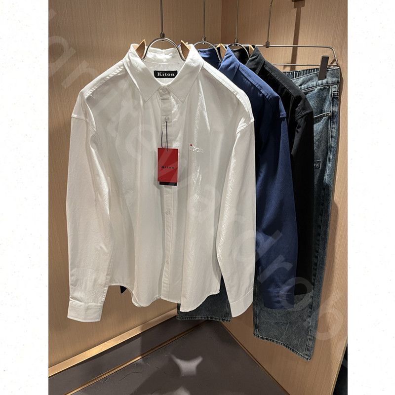 Quiet Luxury Autumn and Winter Mens Shirts Kiton Solid Color Lapel Button Letters Casual Long Sleeve Shirt K1289